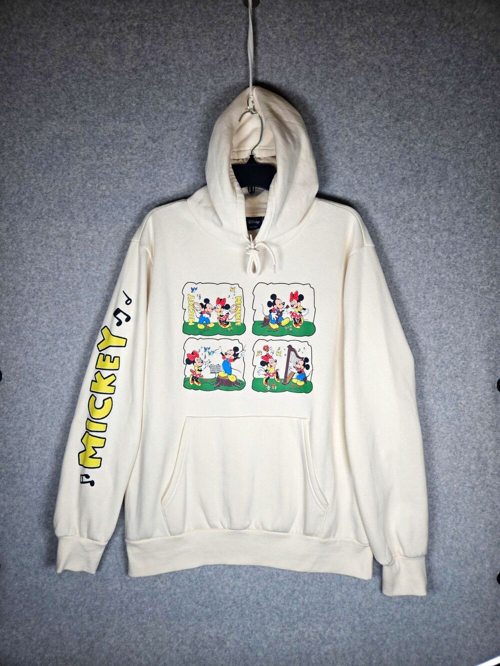 Disney Mickey Minnie Mouse Hoodie Men's L Cream White Sleeve Spellout Kidcore